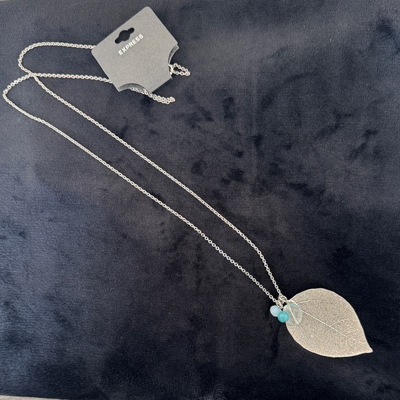 Express Jewelry - Express Silver Leaf Pendant Necklace with Aqua Bead Accents
